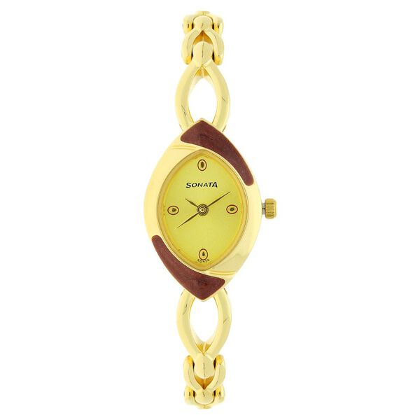 Sonata Women's Watch Analog Champagne Dial With Golden Stainless Steel Band, 8069YM02