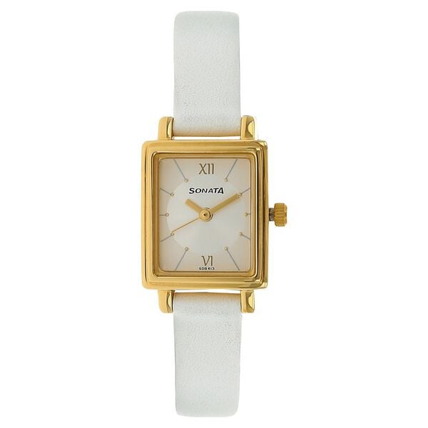 Sonata Women's Watch Analog Silver Dial With White Leather Strap, 8080YL01