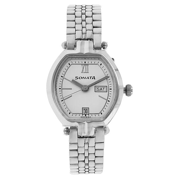 Sonata Women's Watch Analog White Dial With Stainless Steel Band, 8083SM03