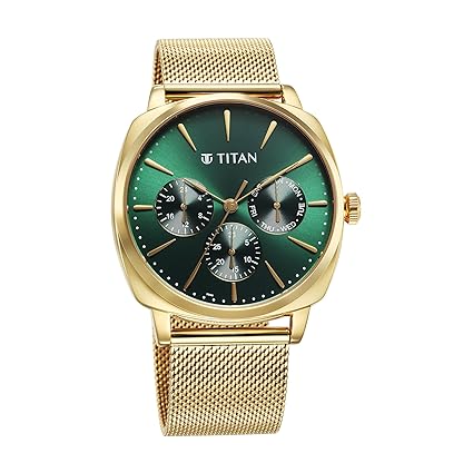 Titan Classique Men's Watch Analog Green Dial with Gold Mesh Band, 90189YM01