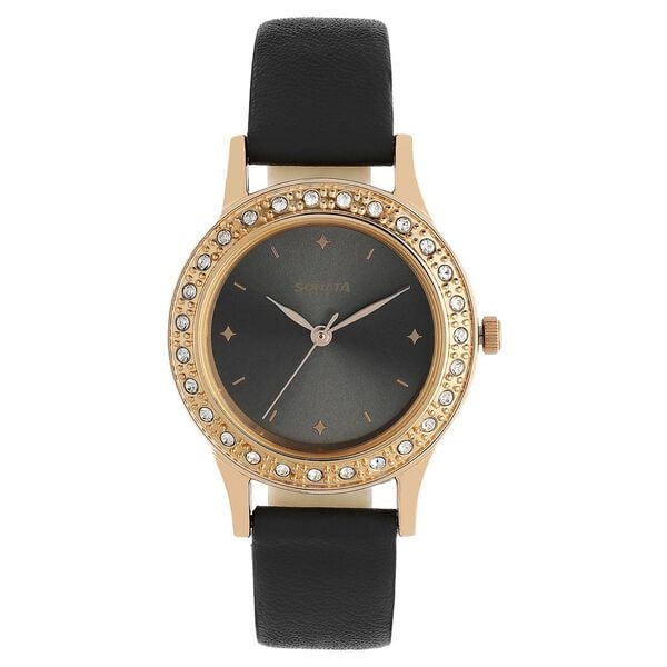 Sonata Women's Watch Analog Black Dial With Black Leather Strap, 8123WL01