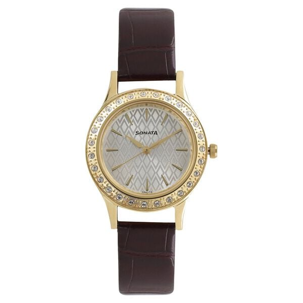 Sonata Women's Watch Analog Silver Dial With Brown Leather Strap, 8123YL04