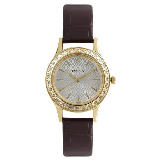 Sonata, Women, Analog, Watch, Silver Dial, Leather Strap, 8123YL04
