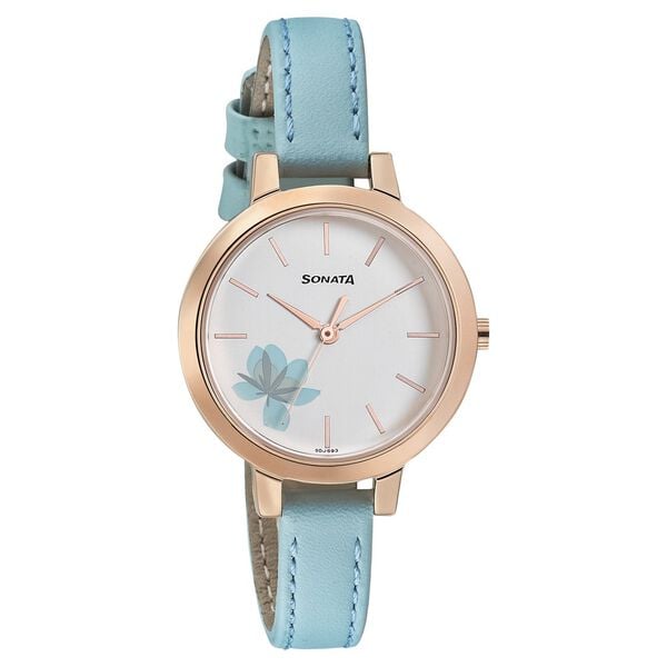 Sonata Women's Watch Analog White Dial With Blue Leather Strap, 8141WL03