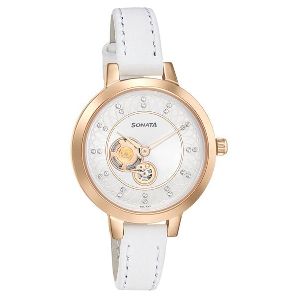 Sonata Women's Watch Analog White Dial With White Leather Strap, 8141WL07