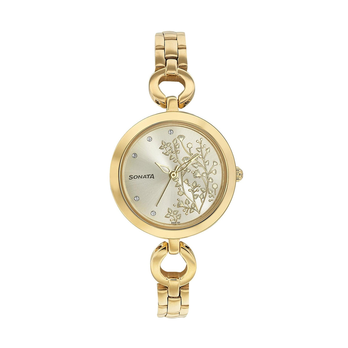 Sonata Women's Watch Analog Champagne Dial With Golden Stainless Steel Band, 8147YM03