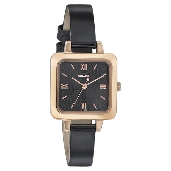 Sonata Women's Watch Analog Black Dial With Black Leather Strap, 8152WL01