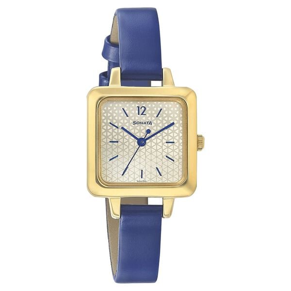 Sonata Women's Watch Analog Champagne Dial With Blue Leather Strap, 8152YL01