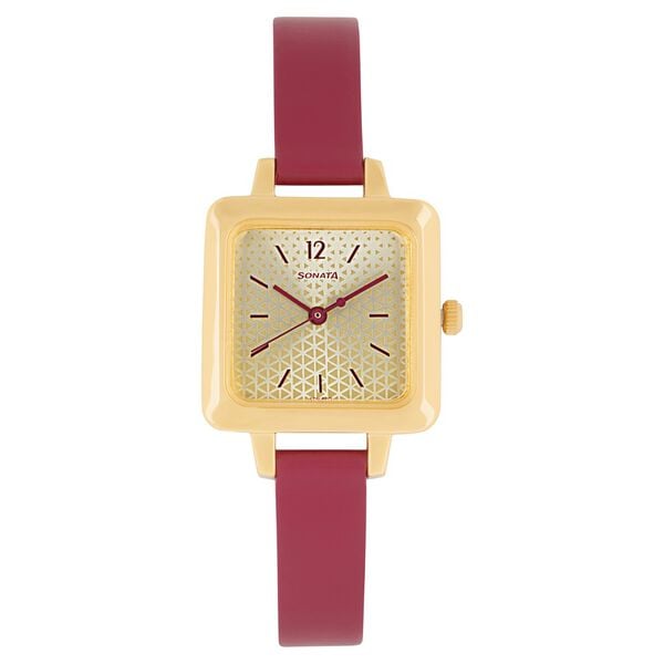 Sonata Women's Watch Analog Champagne Dial With Pink Leather Strap, 8152YL02