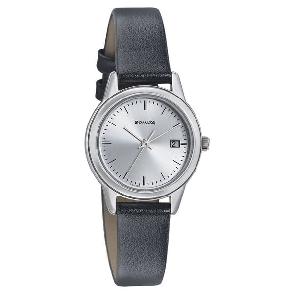 Sonata Women's Watch Analog Silver Dial With Black Leather Strap, 8157SL01