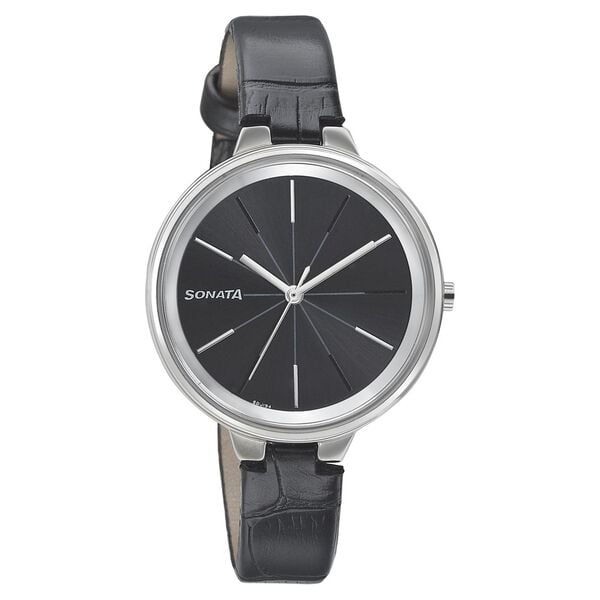 Sonata Women's Watch Analog Black Dial With Black Leather Strap, 8159SL02