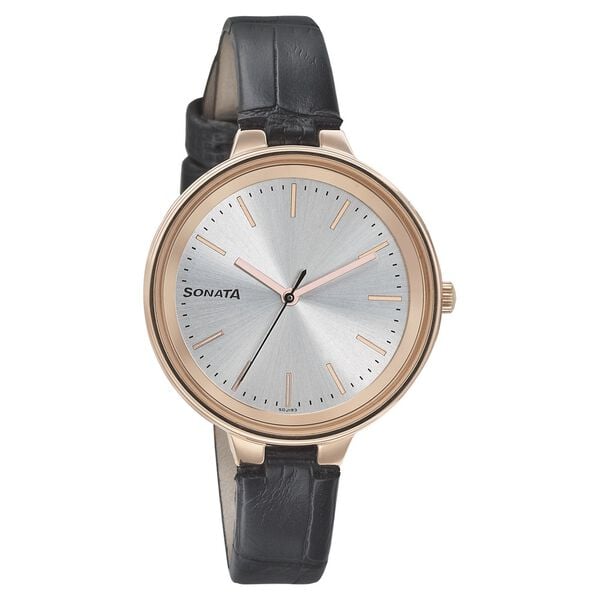 Sonata Women's Watch Analog Silver Dial With Black Leather Strap, 8159WL01