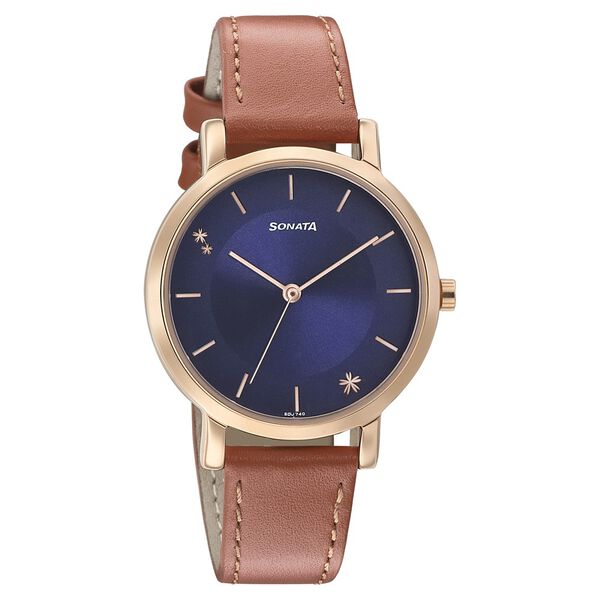 Sonata Women's Watch Analog Blue Dial With Brown Leather Strap, 8164WL01