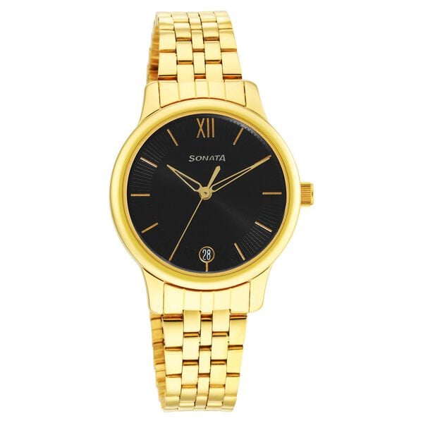 Sonata Women's Watch Analog Black Dial With Golden Stainless Steel Band, 8178YM03