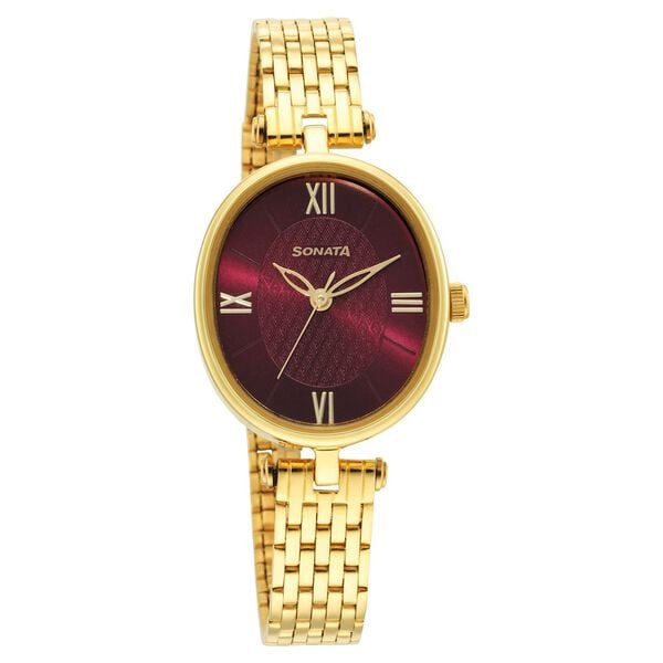 Sonata Women's Watch Analog Maroon Dial With Golden Stainless Steel Band, 8181YM01