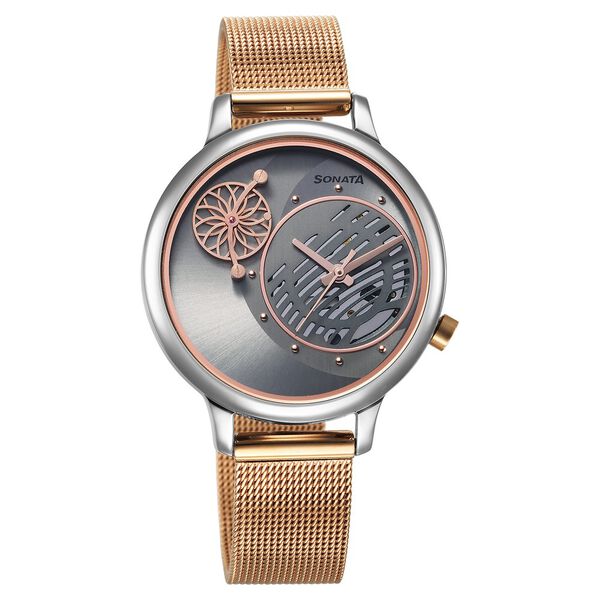 Sonata Women's Watch Analog Grey Dial With Golden Stainless Steel Band, 8190KM01