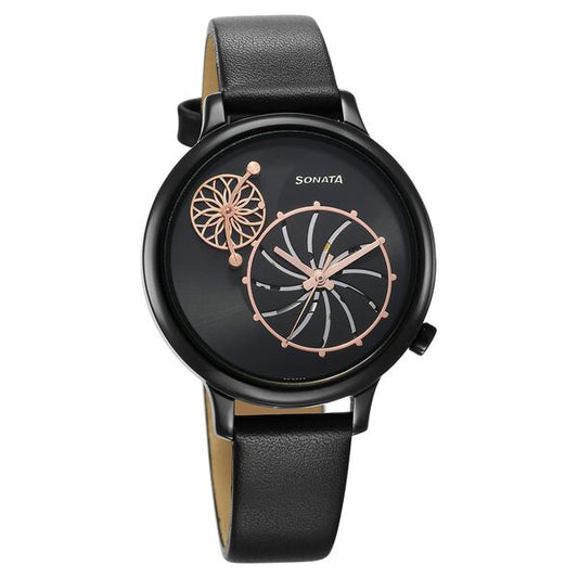 Sonata, Women, Analog, Watch, Black Dial, Leather Strap, 8190NL01