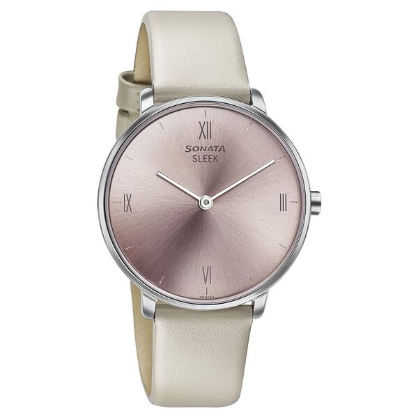 Sonata Women's Watch Analog Pink Dial with Beige Leather Strap, 8191SL01