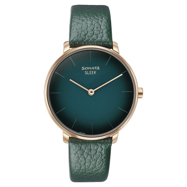 Sonata Women's Watch Analog Green Dial with Green Leather Strap, 8191WL01