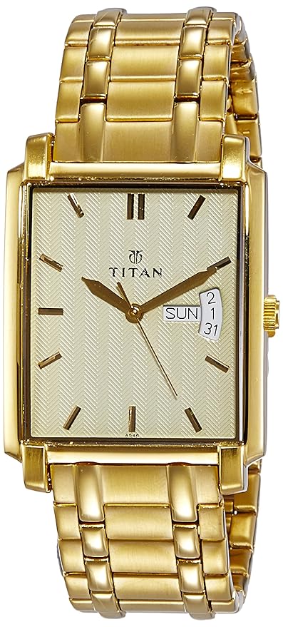 Titan Quartz Analog with Day and Date Men's Watch with Champagne Dial and Stainless Steel Strap, 1506YM02