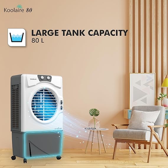Havells Evaporative Air Cooler 80L For Indoor & Outdoor Powerful Airflow With 3 Side Honeycomb Pads, KOOLAIRE80