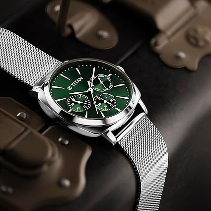 Titan Classique Men's Watch Analog Green Dial with Silver Mesh Band, 90189SM01