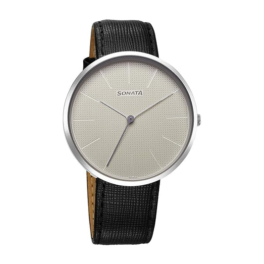 Sonata, Men, Analog, Watch, White Dial, Leather Strap, 77152SL01