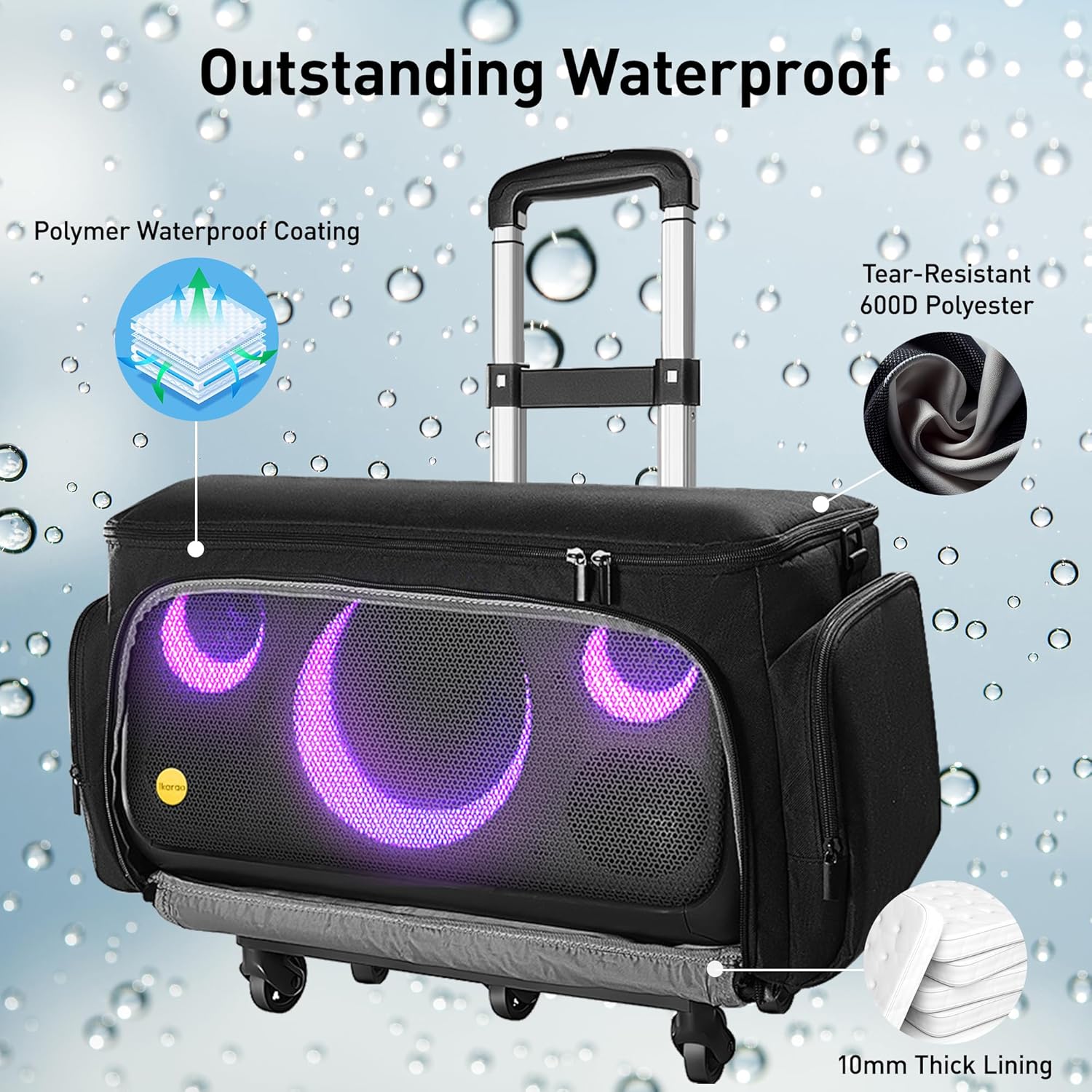Ikarao Rolling Speaker Bag with 10mm Thick Padding and Folding Hand Truck, IK-X1TRLYBAG
