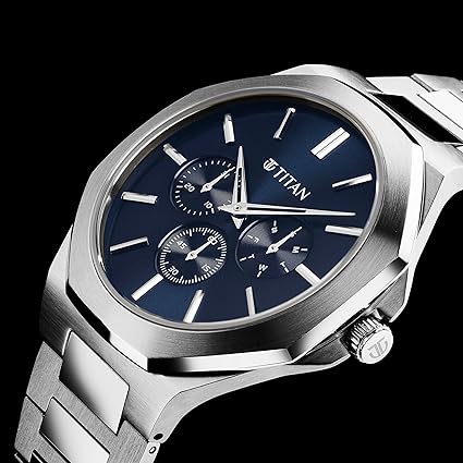 Titan Classic Slim Men's Multifunction Watch Blue Dial with Silver Stainless Steel Band, 90198SM01