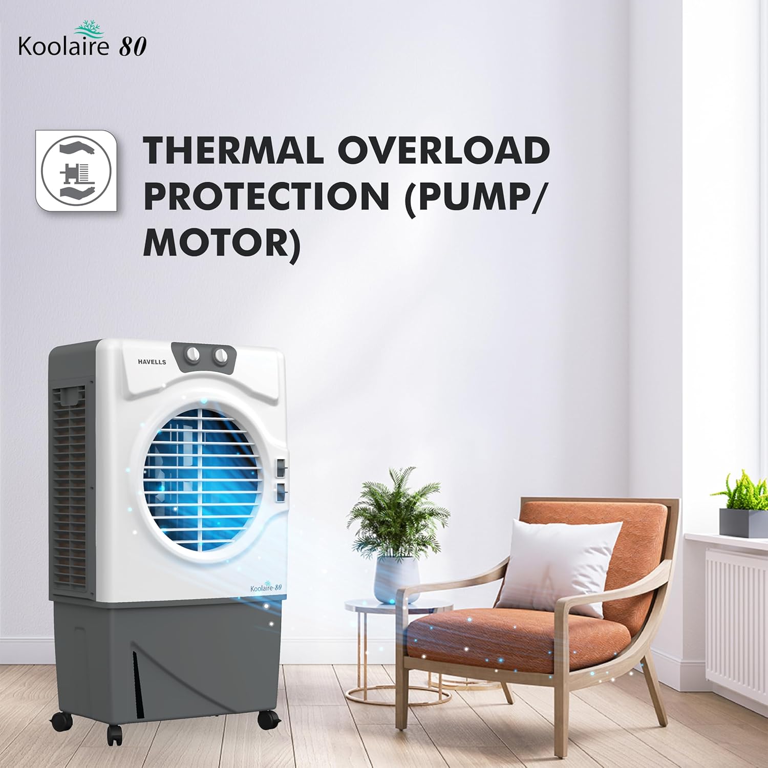 Havells Evaporative Air Cooler 80L For Indoor & Outdoor Powerful Airflow With 3 Side Honeycomb Pads, KOOLAIRE80