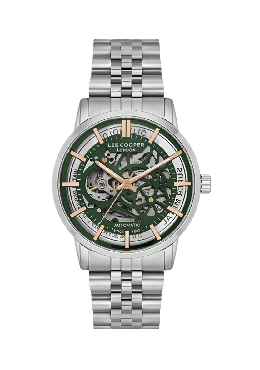 Lee Cooper Men's Automatic Watch Analog Green Dial with Silver Stainless Steel Band, LC08036.370