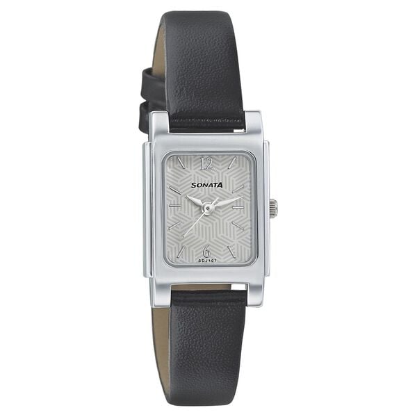 Sonata Women's Watch Analog Grey Dial With Black Leather Strap, 87021SL03