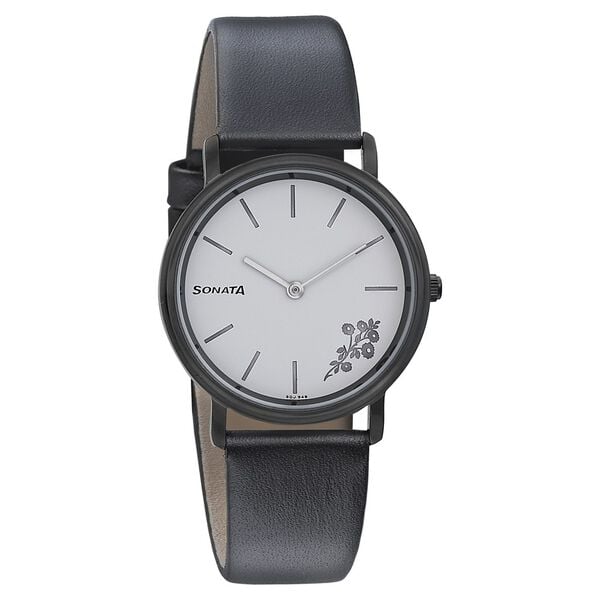 Sonata Women's Watch Analog Silver Dial With Black Leather Strap, 87029NL01