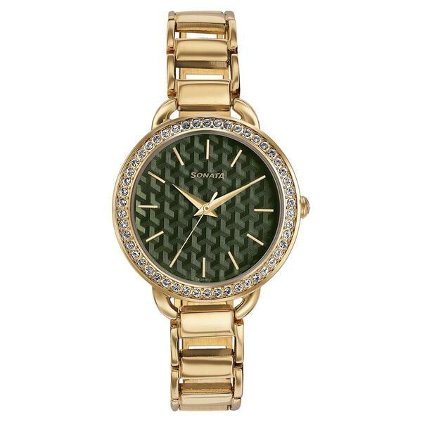 Sonata Women's Watch Analog Green Dial with Gold Stainless Steel Band ,87052WM03