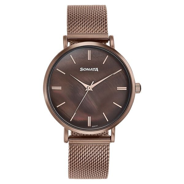 Sonata Quartz Analog Women's Watch with Brown Dial and Brown Stainless Steel Strap,87067QM01