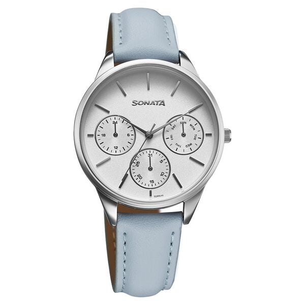 Sonata Eternia Quartz Multifuntions Analog Women's Watch With White Dial and Blue Leather Strap,87085SL01