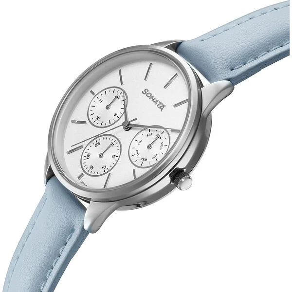 Sonata Eternia Quartz Multifuntions Analog Women's Watch With White Dial and Blue Leather Strap,87085SL01