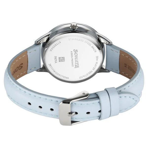 Sonata Eternia Quartz Multifuntions Analog Women's Watch With White Dial and Blue Leather Strap,87085SL01