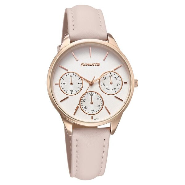 Sonata Eternia Quartz Multifuntion Analog Women's Watch With Silver Dial and Pink Leather Strap,87085WL01