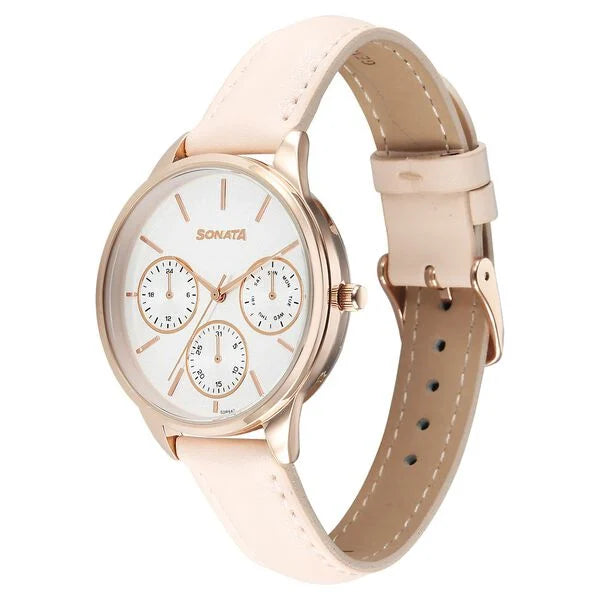 Sonata Eternia Quartz Multifuntion Analog Women's Watch With Silver Dial and Pink Leather Strap,87085WL01