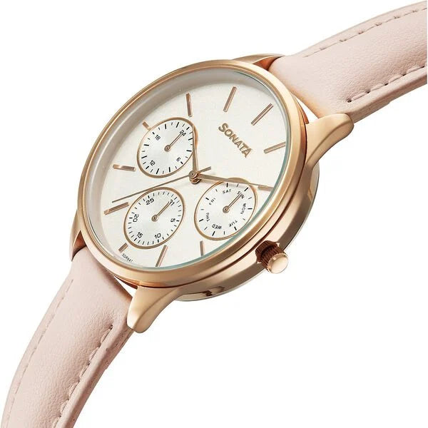 Sonata Eternia Quartz Multifuntion Analog Women's Watch With Silver Dial and Pink Leather Strap,87085WL01