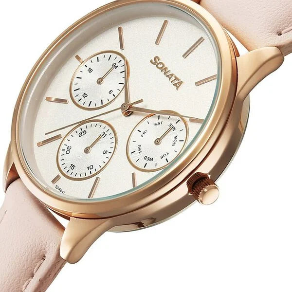 Sonata Eternia Quartz Multifuntion Analog Women's Watch With Silver Dial and Pink Leather Strap,87085WL01