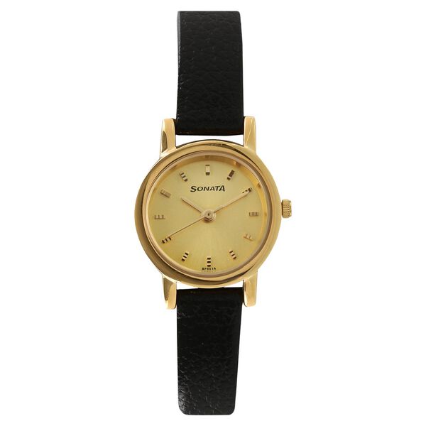 Sonata Women's Analog Watch Gold Small Dial with Brown Leather Strap, 8976YL01PR