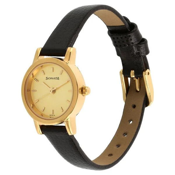 Sonata Women's Analog Watch Gold Small Dial with Brown Leather Strap, 8976YL01PR