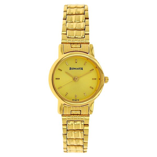 Sonata Women's Watch Analog Champagne Dial With Golden Stainless Steel Band, 8976YM09