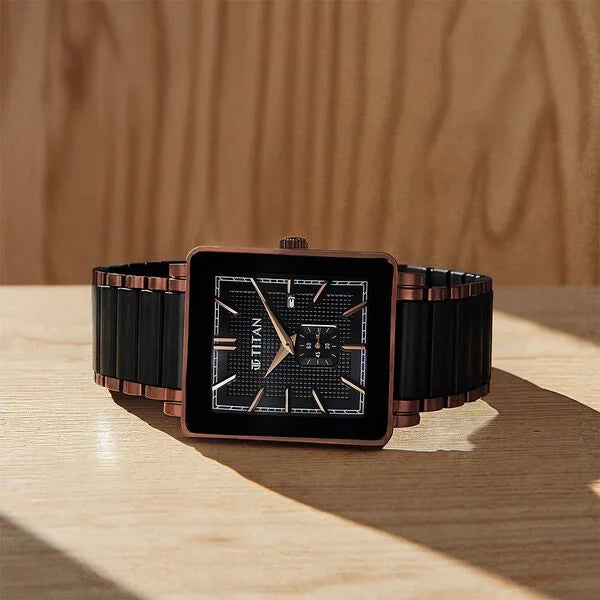 Titan Regalia Shaped Ceramic Men's Watch Analog Black Dial with Black Ceramic Band, 90013KD06