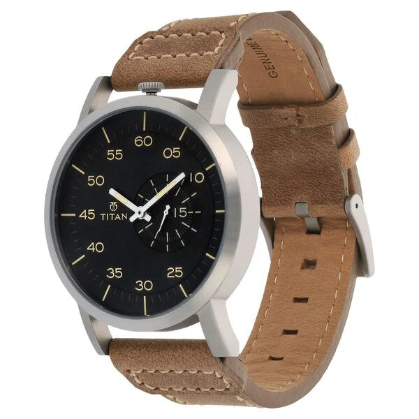 Titan Men's Watch Analog Black Dial With Brown Leather Strap, 90026SL01