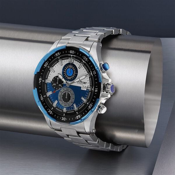 Titan Octane Quartz Chronograph Men's Watch with Blue Dial and Stainless Steel Strap, 90044KM03