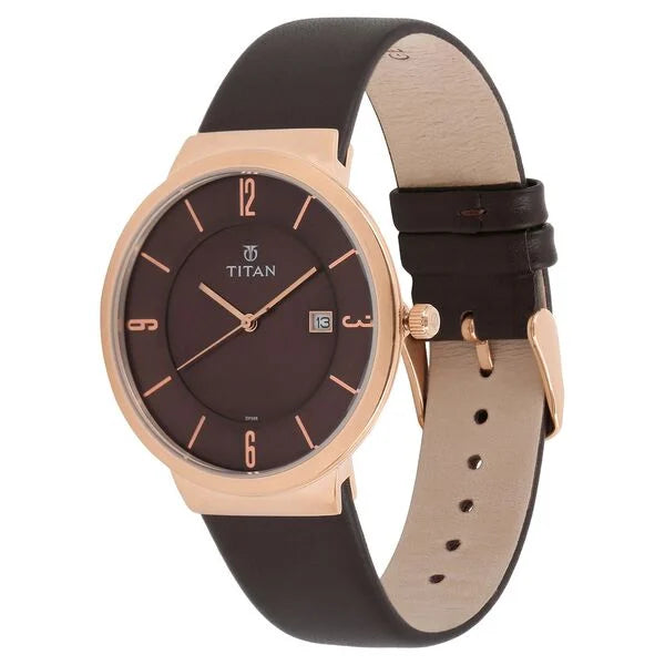 Titan Men's Watch Analog Brown Dial Black Leather Strap, 90053WL01