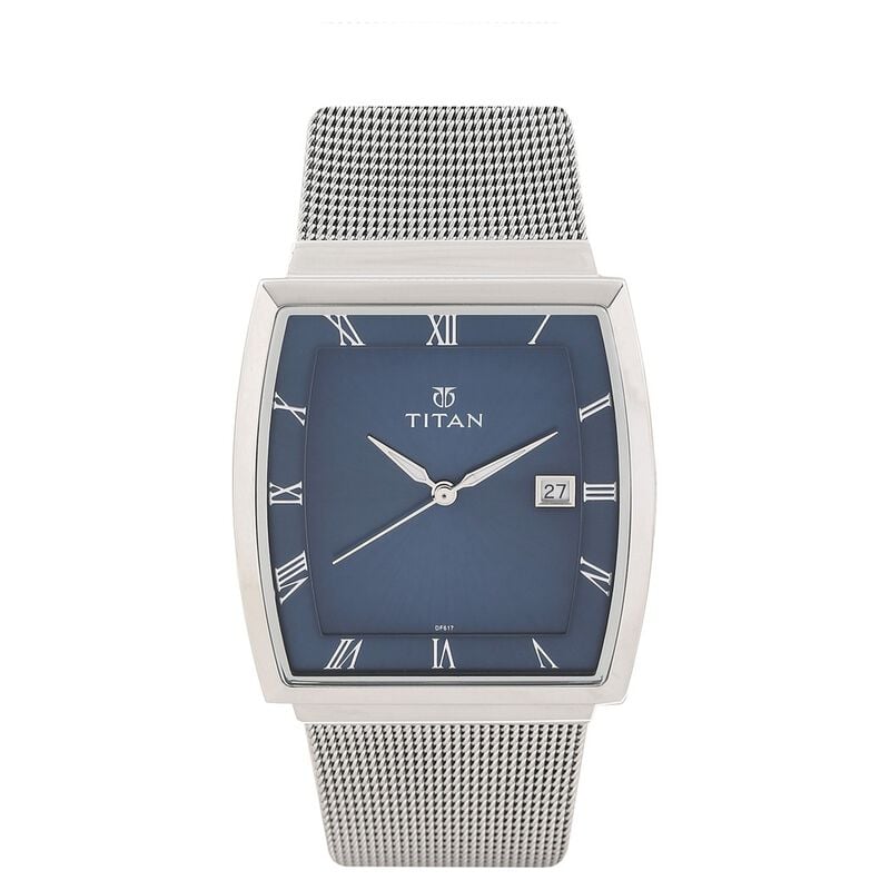 Titan Men's Watch Analog Blue Dial Silver Mesh Band, 90076SM02